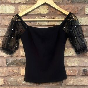 Chic Black Blouse with Sheer Pearl Sleeves